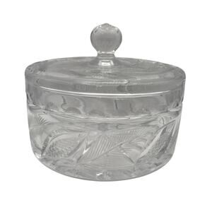 Beautiful Vintage Etched Leaf Design Lead Crystal Candy Nut Dish with Lid